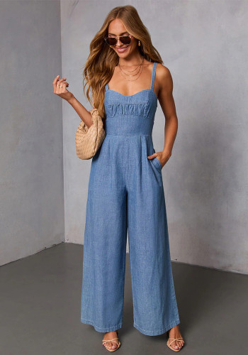 Women's Casual Solid Color Strap Wide Leg Jumpsuit