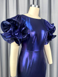 Women's Formal Party Glossy Puff Sleeve Round Neck Slim Waist Ruffle Mermaid Evening Dress