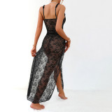 Women's Plus Size Black Lace Mesh Patchwork High Slit Long Dress