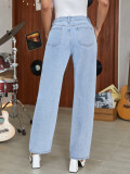 Women's Denim Pearl Beaded Straight-Leg Light Blue Denim Pants