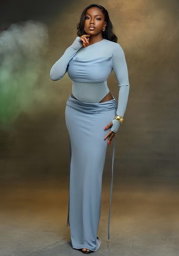 Winter Women's Solid Color Long Sleeve Sexy Lace-Up Two-Piece Skirt Set