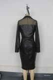 Women's Clubwear Mesh PU Leather Patchwork V-Neck Bodycon Dress