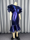 Women's Formal Party Glossy Puff Sleeve Round Neck Slim Waist Ruffle Mermaid Evening Dress