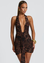 Autumn/Winter Women's Sexy Deep V Halter Low Back Leopard Bodycon Dress