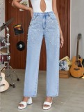 Women's Denim Pearl Beaded Straight-Leg Light Blue Denim Pants