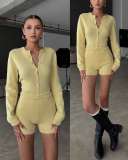 Women's Fashion Knit Long Sleeve Button-Up Bodysuit and Shorts Set