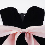 Women's Fashion Strapless Velvet Colorblock Bow Patchwork Slim Waist Puffy Dress
