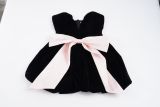 Women's Fashion Strapless Velvet Colorblock Bow Patchwork Slim Waist Puffy Dress