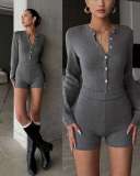 Women's Fashion Knit Long Sleeve Button-Up Bodysuit and Shorts Set