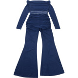 Winter Women's Sexy Off-Shoulder Mesh Patchwork High-Waist Slim Jumpsuit