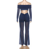 Winter Women's Sexy Off-Shoulder Mesh Patchwork High-Waist Slim Jumpsuit