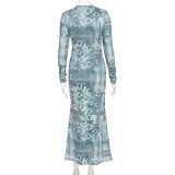 Autumn Women's Print Cut-Out Sexy Long Sleeve Maxi Dress