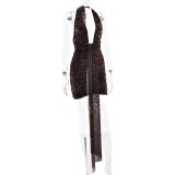 Autumn/Winter Women's Sexy Deep V Halter Low Back Leopard Bodycon Dress
