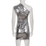 Women's Fashion Shiny Slash Shoulder Sleeveless Bodycon Mini Dress