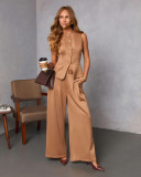 Women's Casual Sleeveless Blazer and Wide-Leg Pants Suit Set