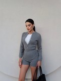 Women's Fashion Knit Long Sleeve Button-Up Bodysuit and Shorts Set