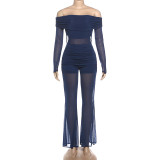 Winter Women's Sexy Off-Shoulder Mesh Patchwork High-Waist Slim Jumpsuit