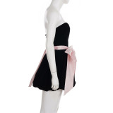 Women's Fashion Strapless Velvet Colorblock Bow Patchwork Slim Waist Puffy Dress