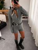 Women's Fashion Knit Long Sleeve Button-Up Bodysuit and Shorts Set
