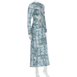 Autumn Women's Print Cut-Out Sexy Long Sleeve Maxi Dress