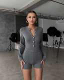 Women's Fashion Knit Long Sleeve Button-Up Bodysuit and Shorts Set