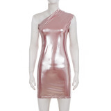 Women's Fashion Shiny Slash Shoulder Sleeveless Bodycon Mini Dress