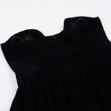 Women's Fashion Strapless Velvet Colorblock Bow Patchwork Slim Waist Puffy Dress