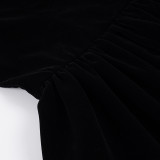 Women's Fashion Strapless Velvet Colorblock Bow Patchwork Slim Waist Puffy Dress