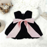 Women's Fashion Strapless Velvet Colorblock Bow Patchwork Slim Waist Puffy Dress