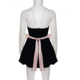 Women's Fashion Strapless Velvet Colorblock Bow Patchwork Slim Waist Puffy Dress