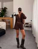 Women's Fashion Knit Long Sleeve Button-Up Bodysuit and Shorts Set