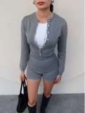 Women's Fashion Knit Long Sleeve Button-Up Bodysuit and Shorts Set