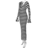 Summer Women's Sexy Long Sleeve Striped Printed Dress