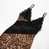 Women Winter Sexy Animal Print Patchwork Lace See-Through Dress
