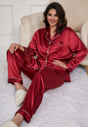Plus Size Women Satin Turndown Collar Home Wear Two-Piece Set