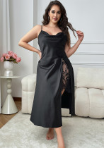 Plus Size Women Lace Patchwork Slit Sexy Solid Satin Camisole Dress Plus Size Women Lace Patchwork Slit Sexy Solid Satin Camisole Dress