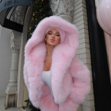 Women Winter Pink Furry Hooded Coat Two-Piece Set