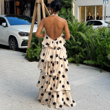 Women Autumn Polka Dot Halter Neck Backless Cascading Ruffles Dress