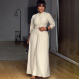 Women Autumn Elegant Beige Stand Collar Maxi Dress