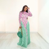 Women Autumn Printed Color-Blocked Maxi Dress