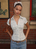 Women Winter Casual French Button-Up Short-Sleeve Plaid Shirt Top