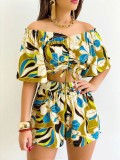 Women Summer Printed Short-Sleeve Top and Shorts Two-Piece Set