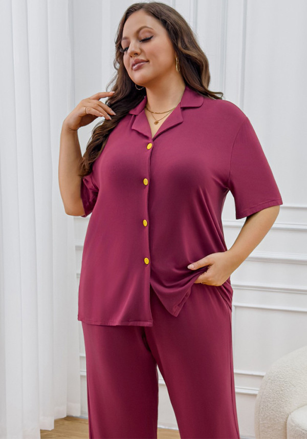 Plus Size Women Short-Sleeve Top and Pants Solid Casual Home Wear Two-Piece Set