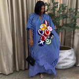 Plus Size Women African Spring Blue and White Striped Holidays Maxi Dress