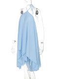 Women Summer Sexy Solid Halter Neck Tie-Waist Backless Chiffon Double-Layer Irregular Dress