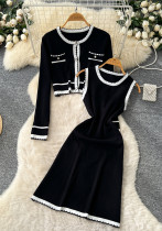 Women Autumn Color Block Round Neck Long Sleeve Knitting Sleeveless Dress and Coat Two-Piece Set