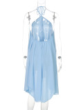 Women Summer Sexy Solid Halter Neck Tie-Waist Backless Chiffon Double-Layer Irregular Dress