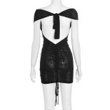 Women Autumn Solid Tie-Waist Metallic Short-Sleeve Backless Gathered Dress