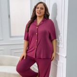 Plus Size Women Short-Sleeve Top and Pants Solid Casual Home Wear Two-Piece Set