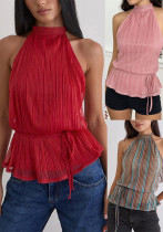 Women Casual Sexy Solid Backless Lace-Up Halter Neck Top